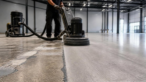 Ultra-realistic-close-up-of-professional-concrete-surface-preparation-before-an-epoxy-floor-installation-inside-a-modern-commercial-warehouse-A-technician-operates-a-heavy-duty-diamond-grinder-across-a-concrete-slab-creating-a-fine-dust-f.jpg